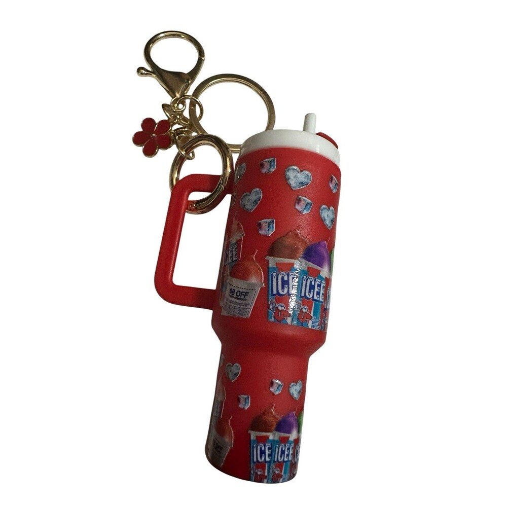 Fashion Mini Cup Keychain Tumbler Women Lip Balm Holder Red W/ Flower Charm